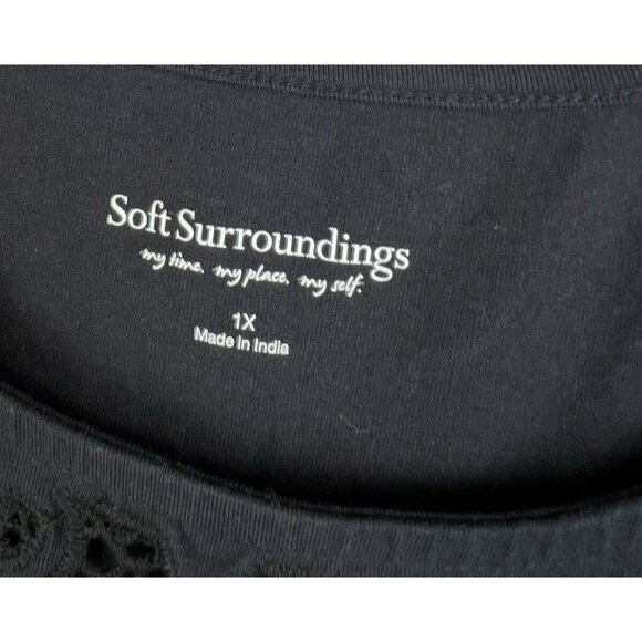 Soft Surroundings Women's Top 1X Solid Black 3/4 Puff Sleeve Lace Cotton Blend - Picture 2 of 7